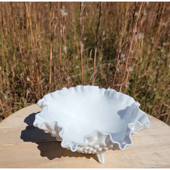 Fenton Milk Glass Hobnail Ruffled Footed Bowl 8" Oval Logo Vintage 1970s USA - Picture 4 of 10